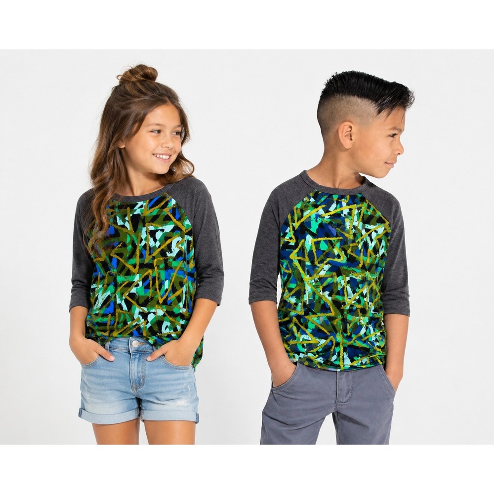 LuLaRoe Sloan Boys Girls Tee 8 Green Gold Black Gray Abstract Baseball Shirt